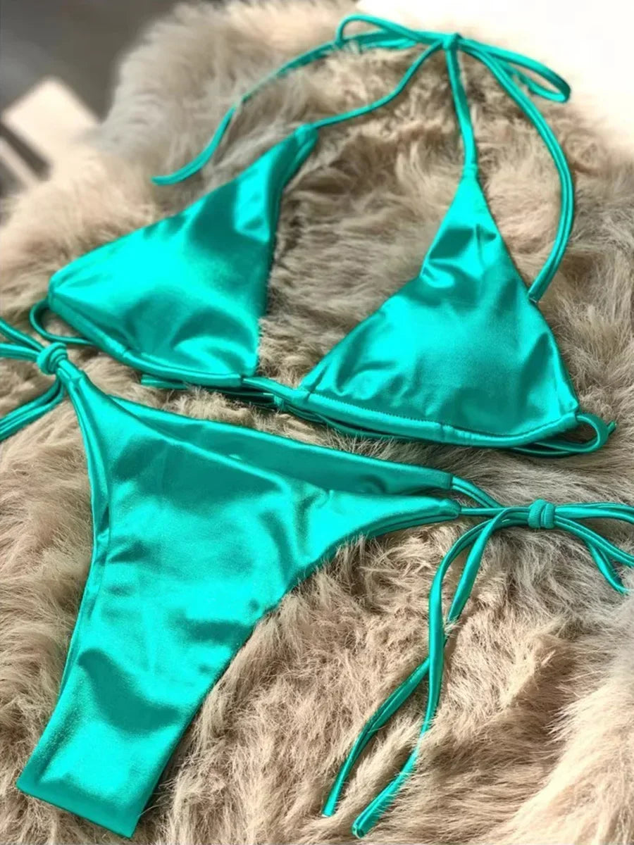 Metallic Satin Bikini Damen – Wrap Around Halter Zweiteiler
